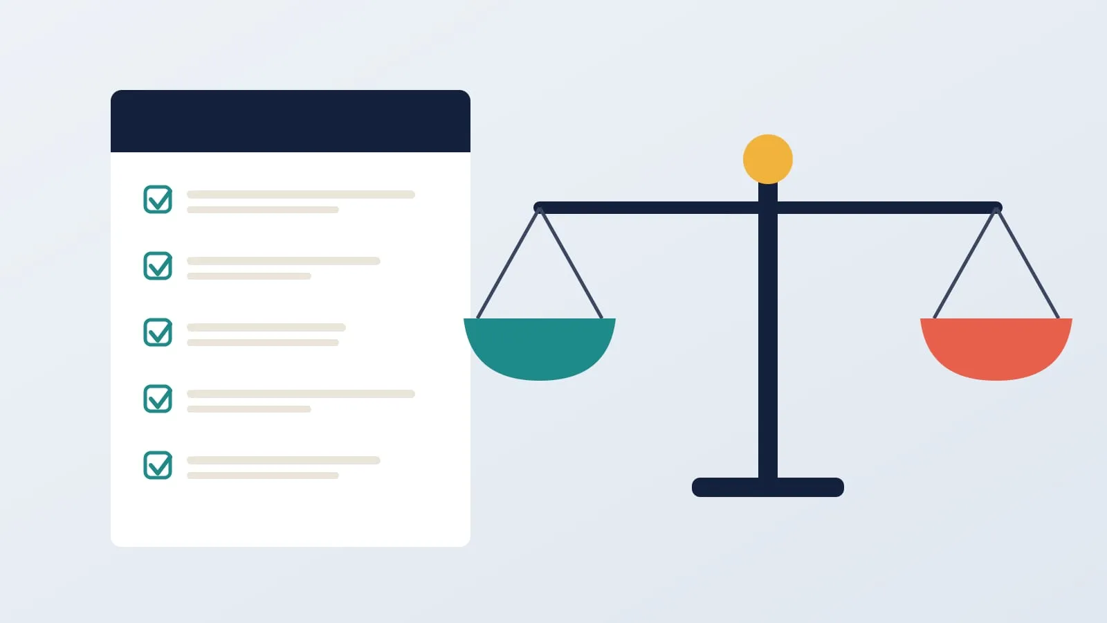 Illustration of a balanced set of scales beside a checklist document with five ticked items
