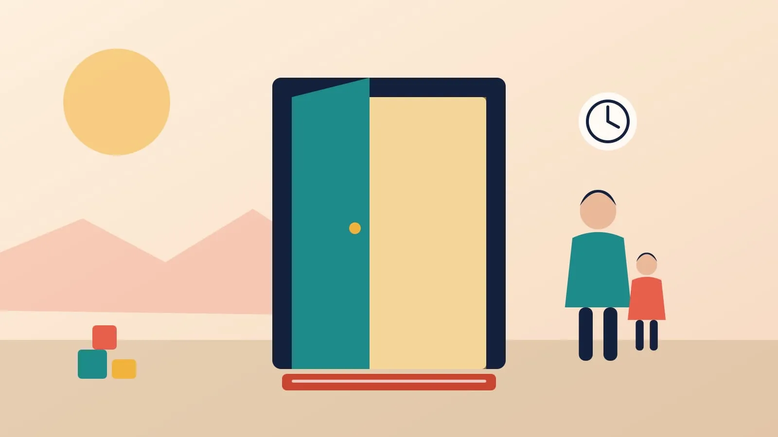 Illustration of a parent and child standing outside an open, welcoming door with a clock above them