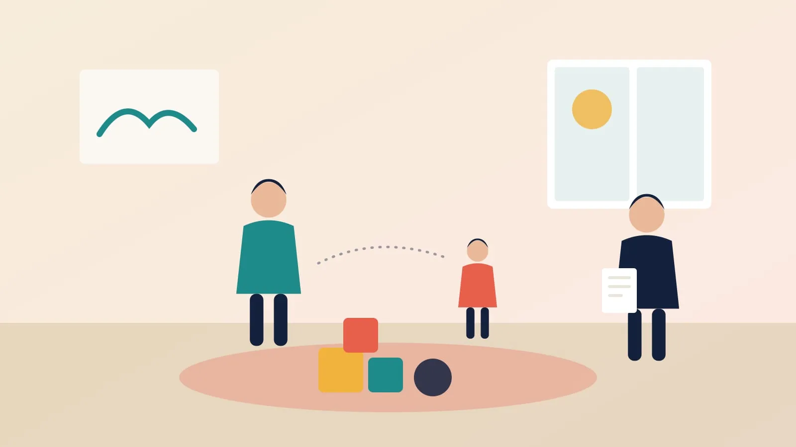Illustration of a visit room where a parent and child sit near building blocks while a clinician with a clipboard looks on
